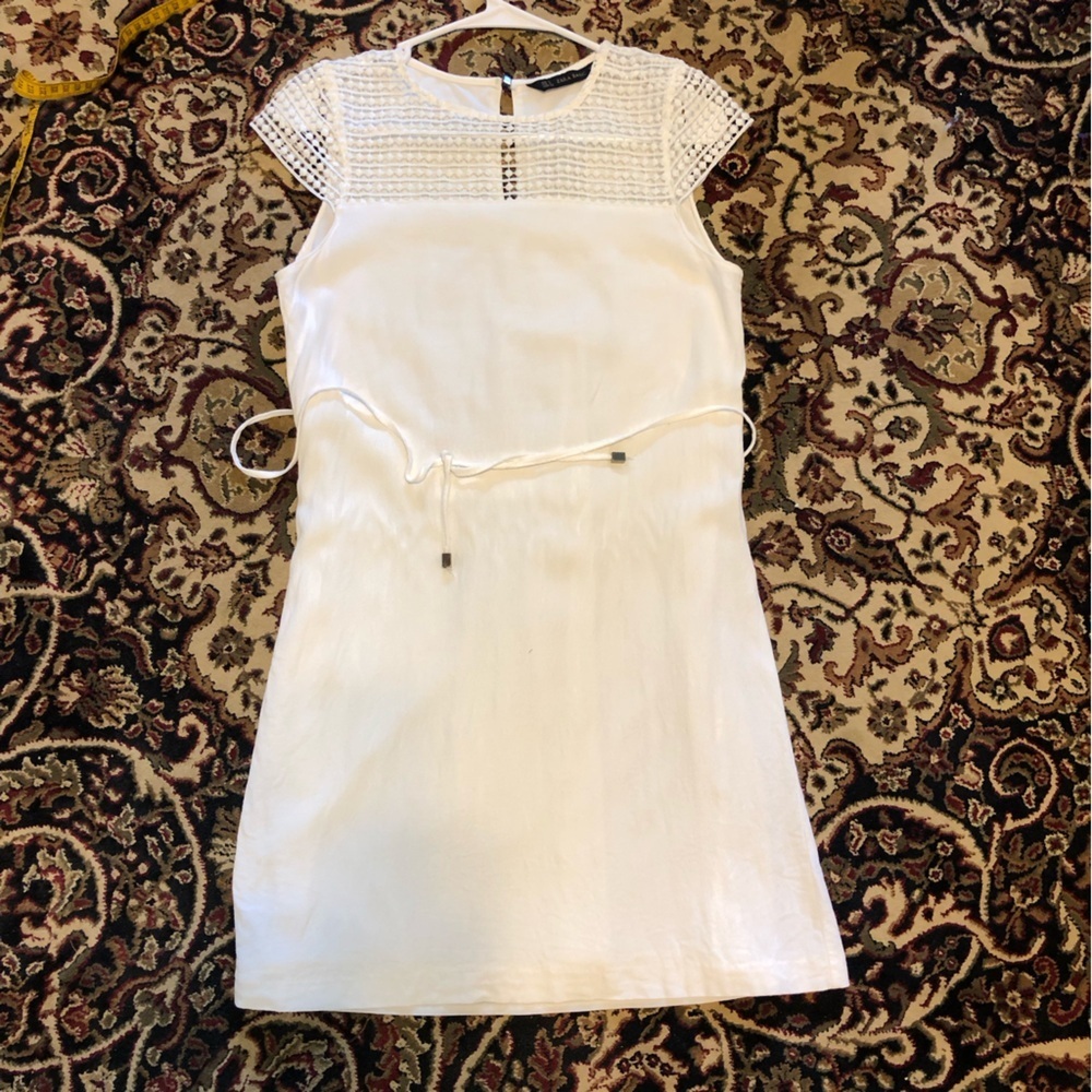 Zara Basic Cream Sheath Dress with crochet Neck and cap Sleeves Small - Picture 3 of 7